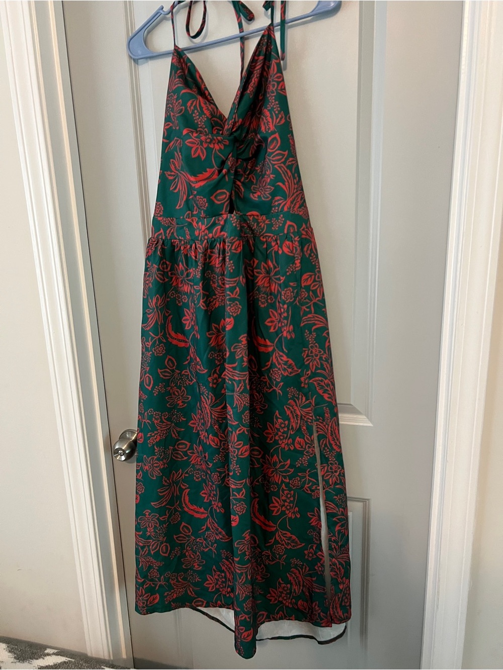 SHEIN Green Maxi Dress with Red Floral Print